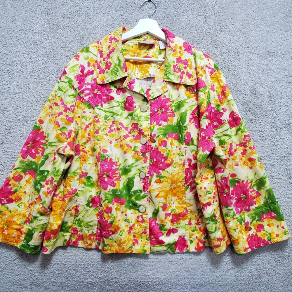 Draper's & Damon's Blazer Top Women 2X Multi Yellow Floral Eyelet Cottagecore